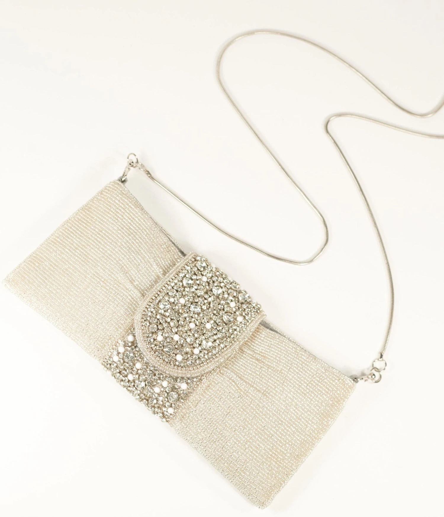 Vintage Style Silver Beaded & Rhinestone Clutch 1 Vintage Style Silver Beaded & Rhinestone Clutch