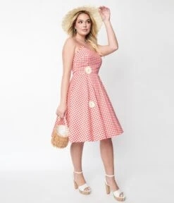Voodoo Vixen 1950s Style Red & White Gingham Daisy Dolly Swing Dress -Pleaser Clothing Store voodoo vixen 1950s style red white gingham daisy dolly swing dress 943928