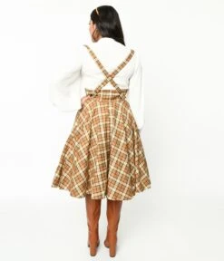 Voodoo Vixen Beige & Cream Plaid Suspender Swing Skirt -Pleaser Clothing Store voodoo vixen beige cream plaid suspender swing skirt 730991