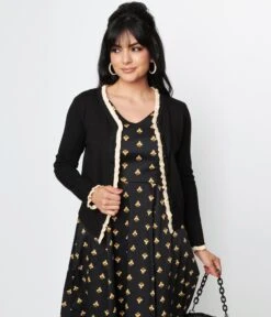 Voodoo Vixen Black & Cream Ruffle Trim Cardigan