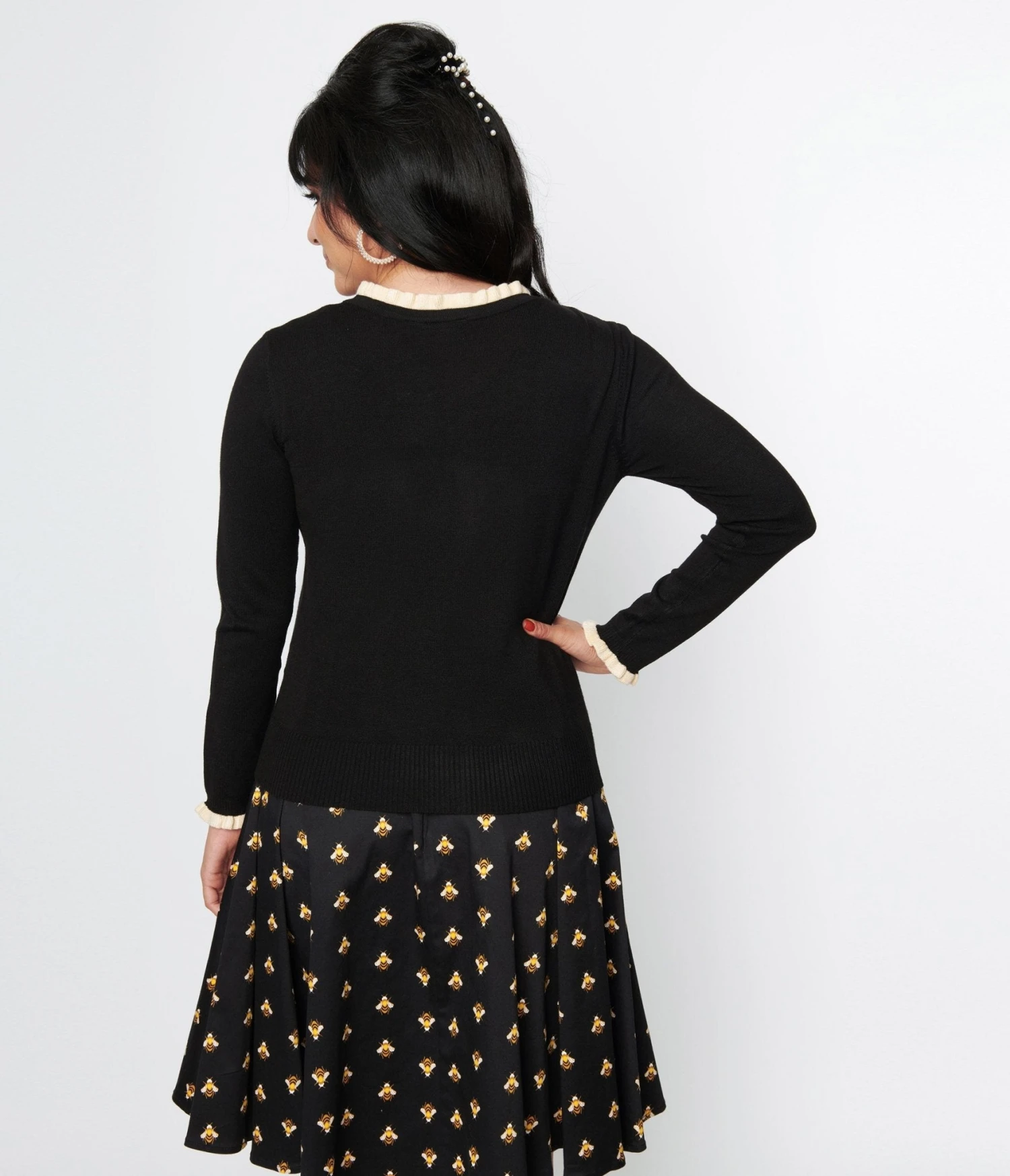 Voodoo Vixen Black & Cream Ruffle Trim Cardigan 2 Voodoo Vixen Black & Cream Ruffle Trim Cardigan - Image 2