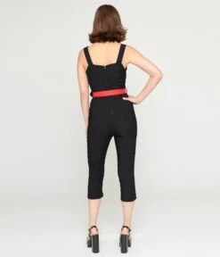 Voodoo Vixen Black & Red Heart Buckle Capri Jumpsuit -Pleaser Clothing Store voodoo vixen black red heart buckle capri jumpsuit 696984
