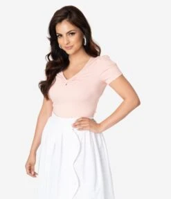 Voodoo Vixen Blush Pink Gathered Bow Short Sleeve Savannah Top -Pleaser Clothing Store voodoo vixen blush pink gathered bow short sleeve savannah top 171899