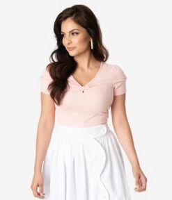 Voodoo Vixen Blush Pink Gathered Bow Short Sleeve Savannah Top -Pleaser Clothing Store voodoo vixen blush pink gathered bow short sleeve savannah top 989917
