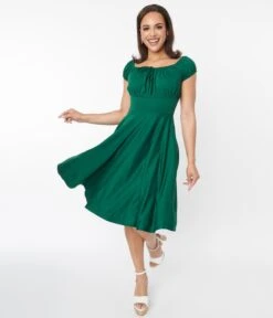 Voodoo Vixen Emerald Green Puff Sleeve Swing Dress -Pleaser Clothing Store voodoo vixen emerald green puff sleeve swing dress 291495