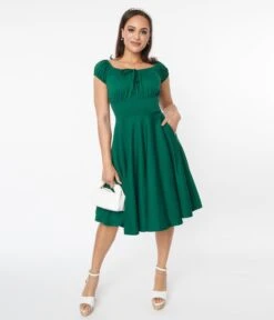 Voodoo Vixen Emerald Green Puff Sleeve Swing Dress -Pleaser Clothing Store voodoo vixen emerald green puff sleeve swing dress 613311