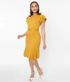 Voodoo Vixen Mustard Flutter Sleeve Fit & Flare Dress -Pleaser Clothing Store voodoo vixen mustard flutter sleeve fit flare dress 232154