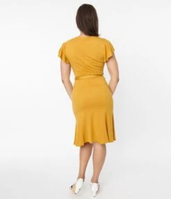 Voodoo Vixen Mustard Flutter Sleeve Fit & Flare Dress -Pleaser Clothing Store voodoo vixen mustard flutter sleeve fit flare dress 455186
