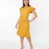 Voodoo Vixen Mustard Flutter Sleeve Fit & Flare Dress