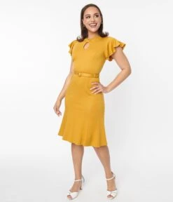 Voodoo Vixen Mustard Flutter Sleeve Fit & Flare Dress