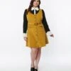 Voodoo Vixen Mustard Yellow Corduroy Belted A-Line Dress