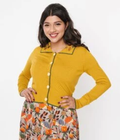 Voodoo Vixen Mustard Yellow Leaf Embroidered Cardigan