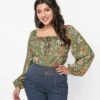 Voodoo Vixen Olive Green Modern Floral Long Sleeve Top