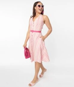 Voodoo Vixen Pink Striped Halter Swing Dress -Pleaser Clothing Store voodoo vixen pink striped halter swing dress 214099