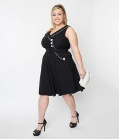 Voodoo Vixen Plus Size Black & White Asymmetrical Belted Swing Dress -Pleaser Clothing Store voodoo vixen plus size black white asymmetrical belted swing dress 781705