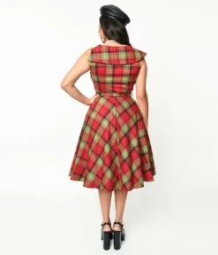 Voodoo Vixen Red & Green Plaid Belted Swing Dress -Pleaser Clothing Store voodoo vixen red green plaid belted swing dress 280148