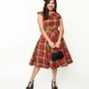 Voodoo Vixen Red & Green Plaid Belted Swing Dress