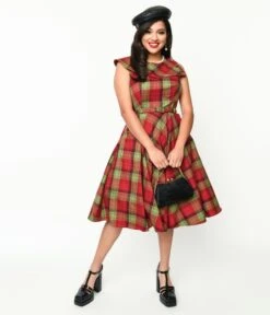 Voodoo Vixen Red & Green Plaid Belted Swing Dress