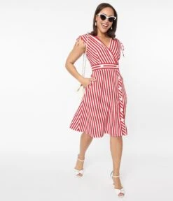 Voodoo Vixen Red & White Striped Flare Dress -Pleaser Clothing Store voodoo vixen red white striped flare dress 739180