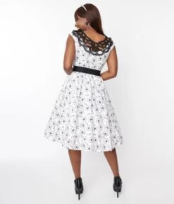 White & Black Floral Belted Swing Dress -Pleaser Clothing Store white black floral belted swing dress 409706