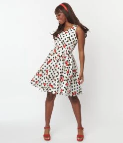 White & Black Polka Dot Cherries Swing Dress -Pleaser Clothing Store white black polka dot cherries swing dress 599026