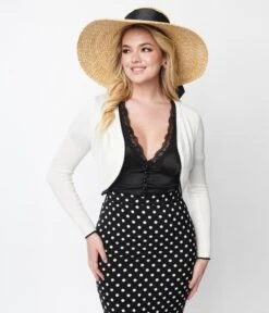 White & Black Trim Textured Cropped Cardigan