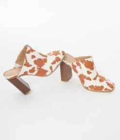 White & Brown Cow Print Suede Mule Heels -Pleaser Clothing Store white brown cow print suede mule heels 412308