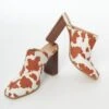 White & Brown Cow Print Suede Mule Heels