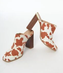 White & Brown Cow Print Suede Mule Heels