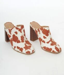 White & Brown Cow Print Suede Mule Heels -Pleaser Clothing Store white brown cow print suede mule heels 541438