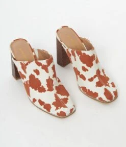 White & Brown Cow Print Suede Mule Heels -Pleaser Clothing Store white brown cow print suede mule heels 706445