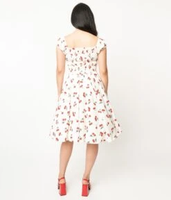 White & Cherry Print Off The Shoulder Swing Dress -Pleaser Clothing Store white cherry print off the shoulder swing dress 130264