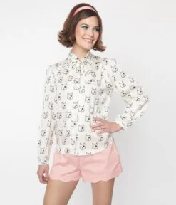 White Dog Print Satin Bow Long Sleeve Blouse -Pleaser Clothing Store white dog print satin bow long sleeve blouse 954715
