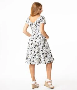 White Floral Bee Print Swing Dress -Pleaser Clothing Store white floral bee print swing dress 615323