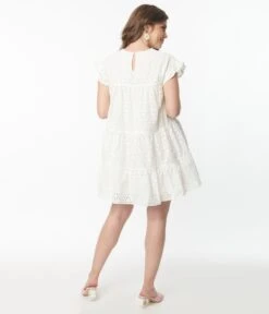 White Flutter Sleeve Eyelet Dress -Pleaser Clothing Store white flutter sleeve eyelet dress 102889