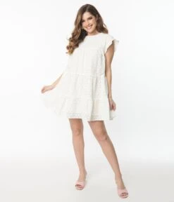 White Flutter Sleeve Eyelet Dress -Pleaser Clothing Store white flutter sleeve eyelet dress 542946