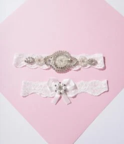 White Lace & Rhinestone Bridal Garter Set -Pleaser Clothing Store white lace rhinestone bridal garter set 751714