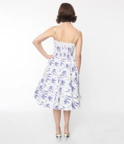 White & Lavender Floral Print Swing Dress -Pleaser Clothing Store white lavender floral print swing dress 887623