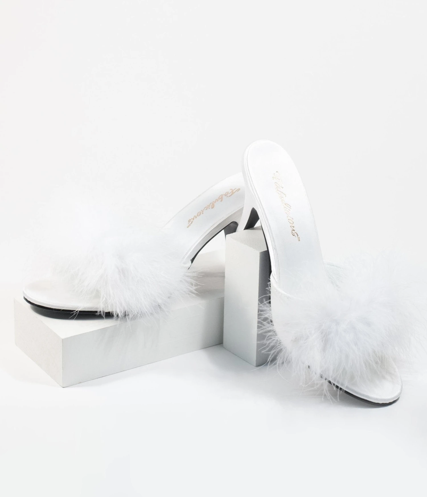 PLEASER White Marabou Feather Peep Toe Slipper Heel 3 PLEASER White Marabou Feather Peep Toe Slipper Heel - Image 3