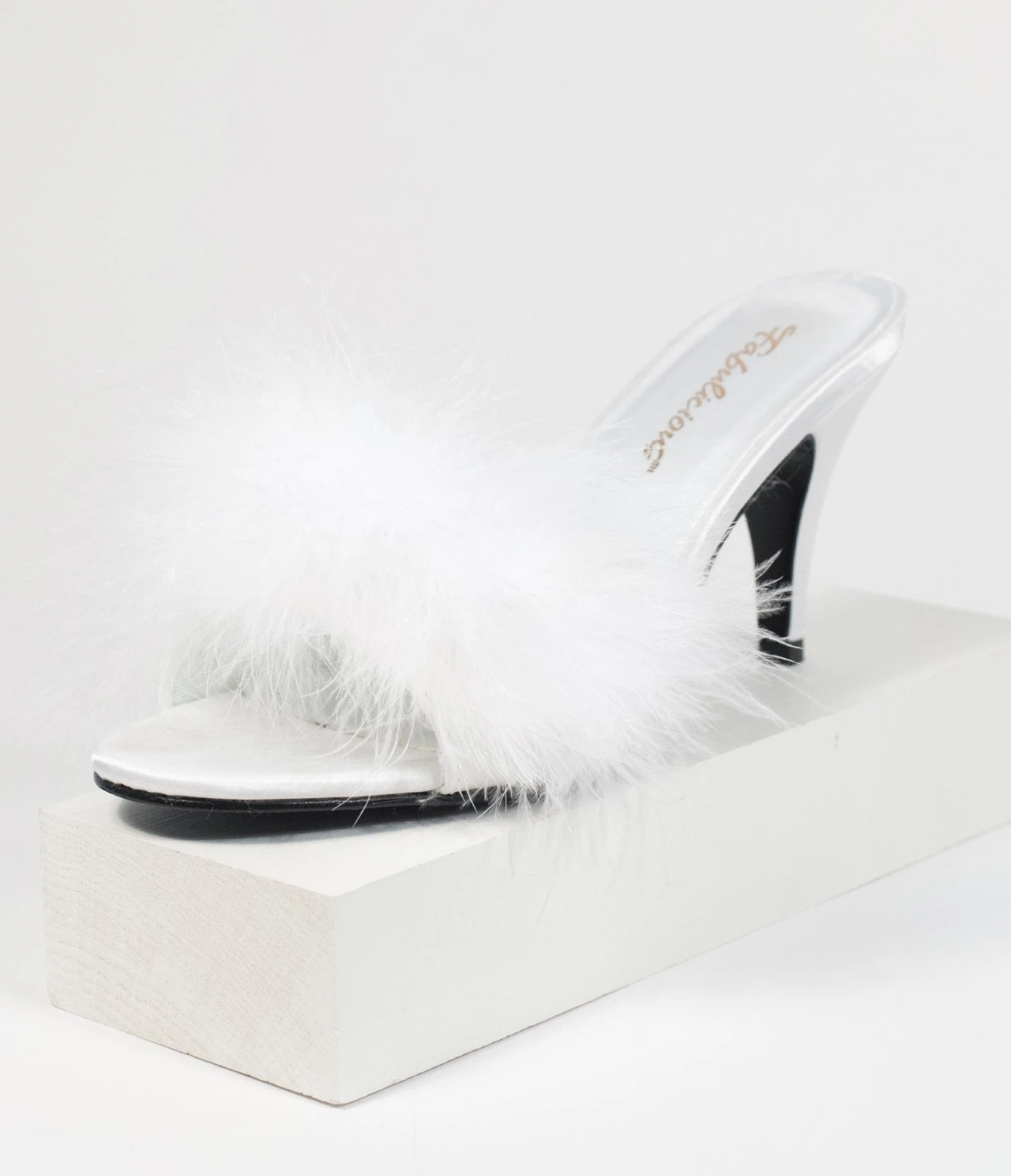 PLEASER White Marabou Feather Peep Toe Slipper Heel 4 PLEASER White Marabou Feather Peep Toe Slipper Heel - Image 4