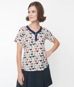 White & Multicolored Cats Knit Top -Pleaser Clothing Store white multicolored cats knit top 932764