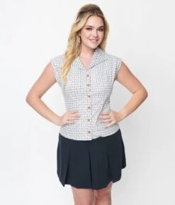 White & Navy Sailboat Collared Top -Pleaser Clothing Store white navy sailboat collared top 575254