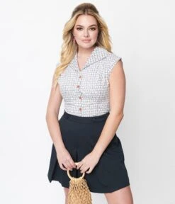 White & Navy Sailboat Collared Top -Pleaser Clothing Store white navy sailboat collared top 817164