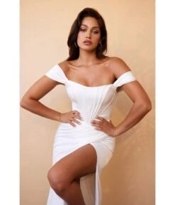 Cinderella Divine White Off The Shoulder Corset Satin Bridal Gown -Pleaser Clothing Store white off the shoulder corset satin bridal gown 411937