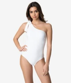 White One Shoulder Bow One Piece Swimsuit -Pleaser Clothing Store white one shoulder bow one piece swimsuit 367956