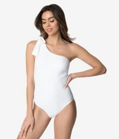 White One Shoulder Bow One Piece Swimsuit -Pleaser Clothing Store white one shoulder bow one piece swimsuit 491192