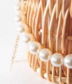 White Pearl & Rattan Basket Handbag -Pleaser Clothing Store white pearl rattan basket handbag 234786