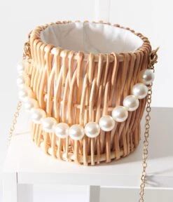 White Pearl & Rattan Basket Handbag -Pleaser Clothing Store white pearl rattan basket handbag 785807