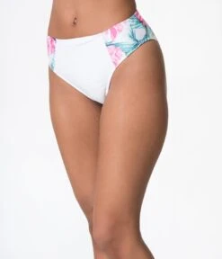 White & Pink Palm Leaf Print Bardot High Waist Brief Swim Bottoms -Pleaser Clothing Store white pink palm leaf print bardot high waist brief swim bottoms 409383