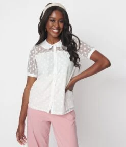 White Polka Dot Mesh Button Down Top -Pleaser Clothing Store white polka dot mesh button down top 364796